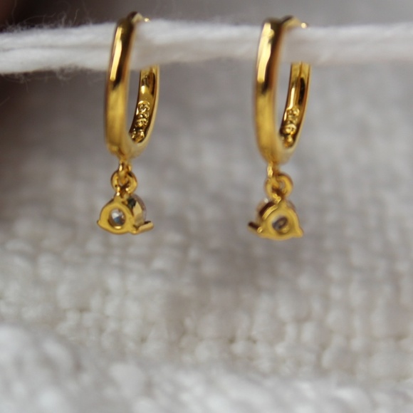Sterling Silver Gold Hoops with Single Simulated Diamond Charm - Picture 2 of 6